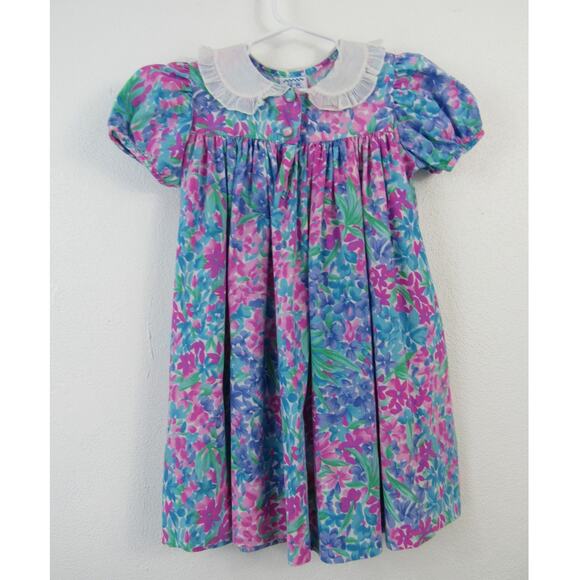 Vintage Kelly's Kids 4T Purple Pink Blue Floral Print Bishop Dress Ruffle Collar - Picture 1 of 5